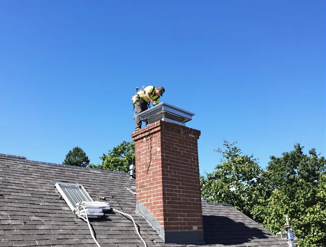 Wethersfield Chimney Sweep technician measuring a chimney cap in Wethersfield, CT